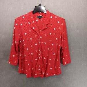 C Wonder Womens Red Blouse White Button Down 3/4 Sleeve Heart‎ Print Collared